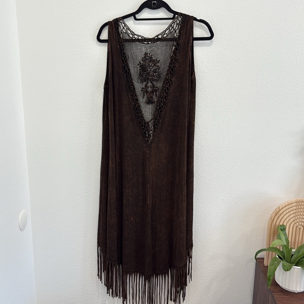 Boho Brown Fringe Longline Vest Open Front Sleeveless Duster One Size Fits Most - Picture 3 of 3